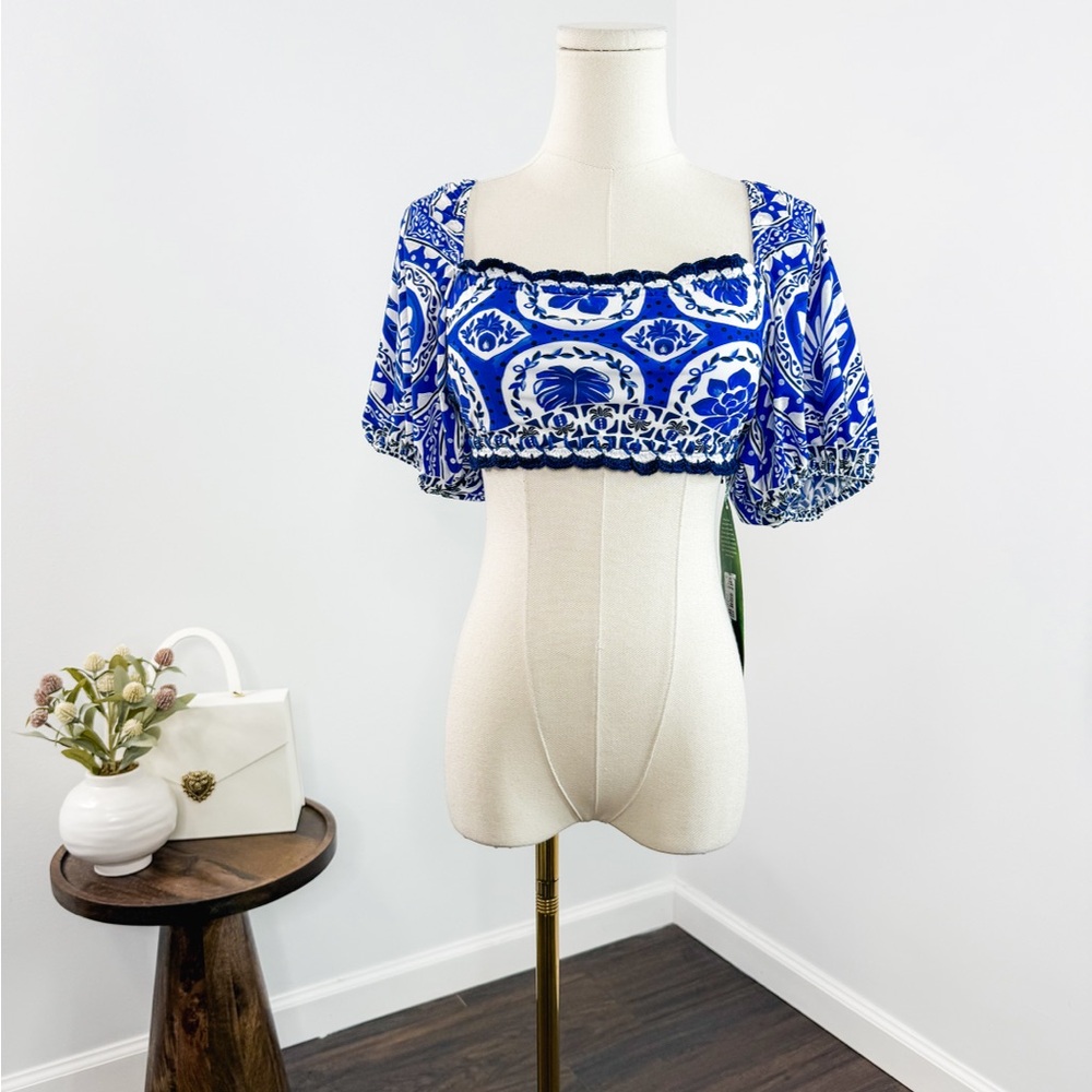 Farm Rio Tile Dream Puff Sleeve Bikini Top - Picture 6 of 12
